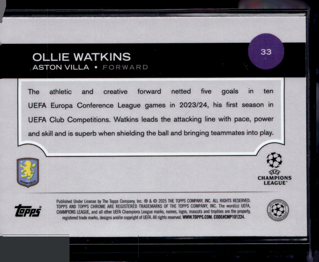 2024-25 Topps Chrome UEFA Club Competitions #33 Ollie Watkins Pulsar Refractor