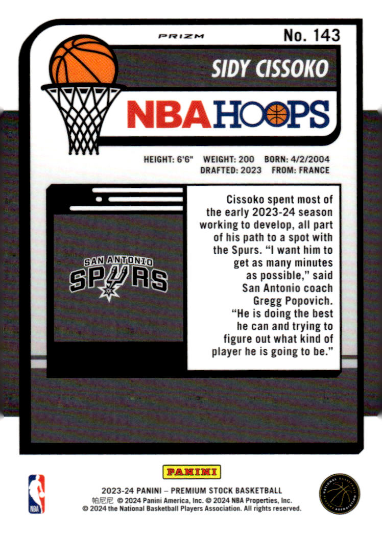 2023-24 Hoops Premium Stock #143 Sidy Cissoko Silver Prizm