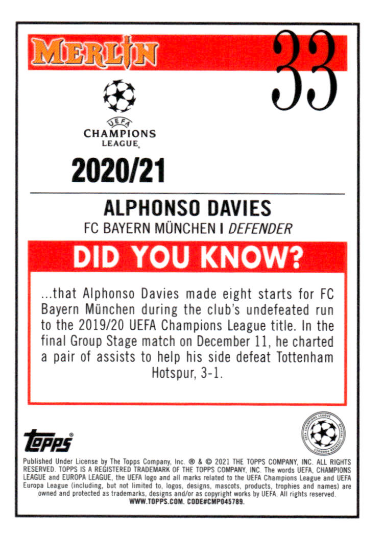 2020-21 Merlin Chrome UEFA Champions League #33 Alphonso Davies