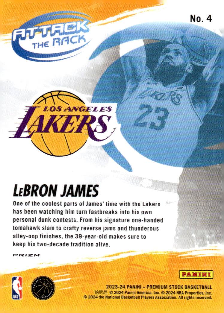 2023-24 Hoops Premium Stock #4 Lebron James Attack The Rack Silver Prizm
