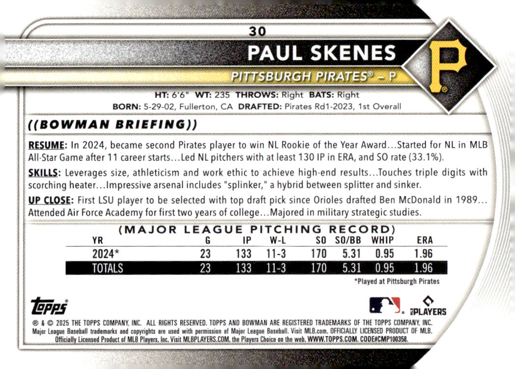 2025 Bowman #30 Paul Skenes