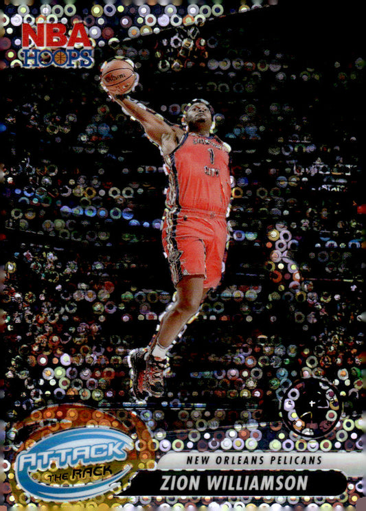 2023-24 Hoops Premium Stock #8 Zion Williamson Attack The Rack Disco Prizm