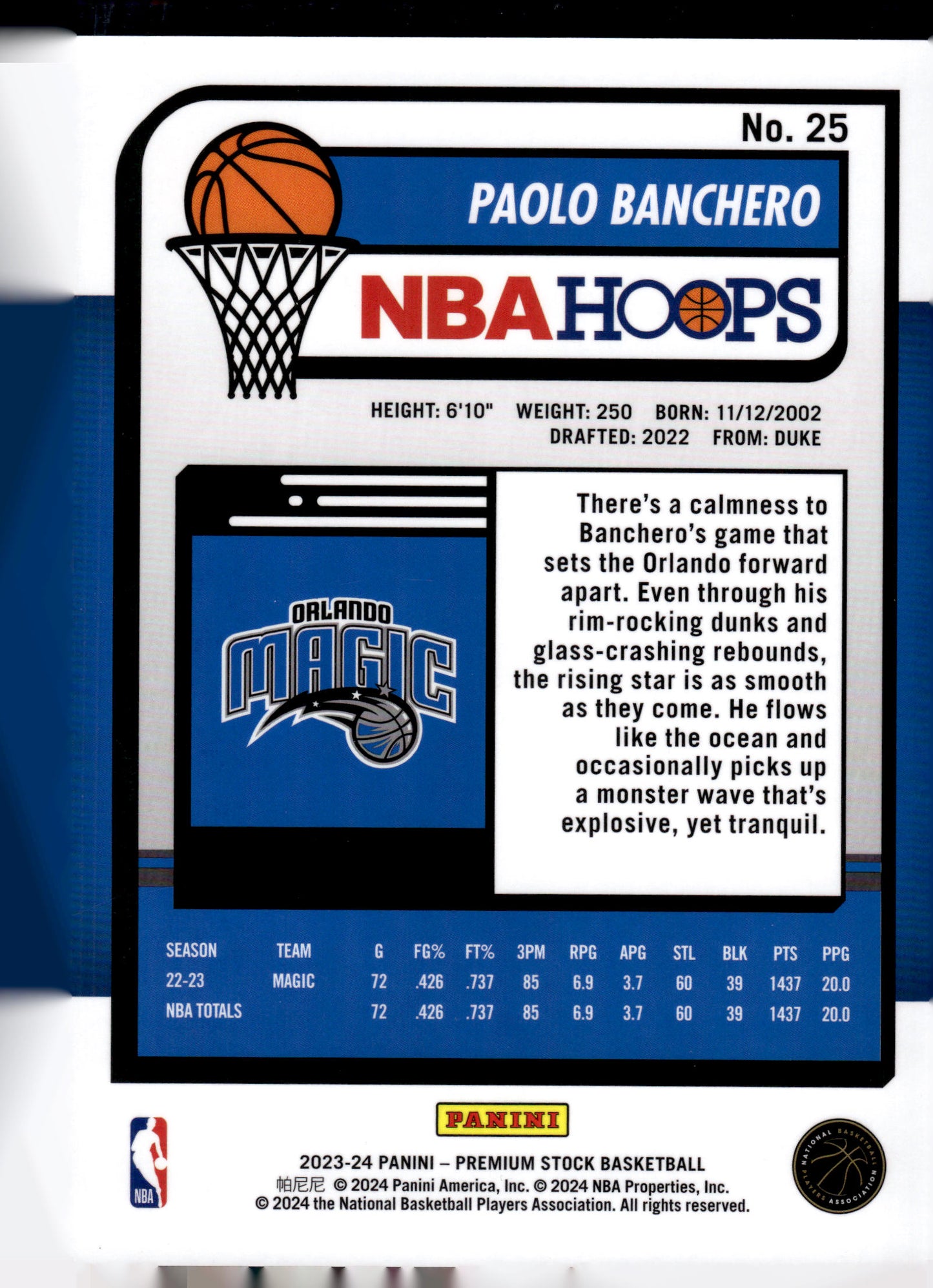 2023-24 Hoops Premium Stock #25 Paolo Banchero Box Topper