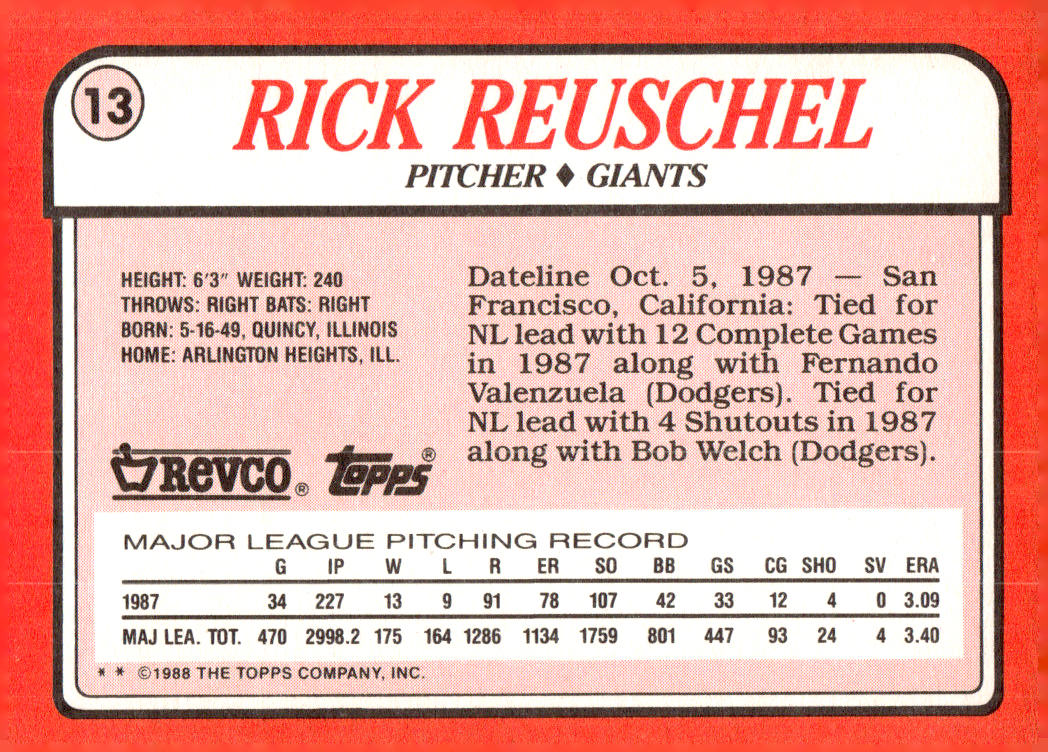 1988 Topps Revco League Leaders #13 Rick Reuschel