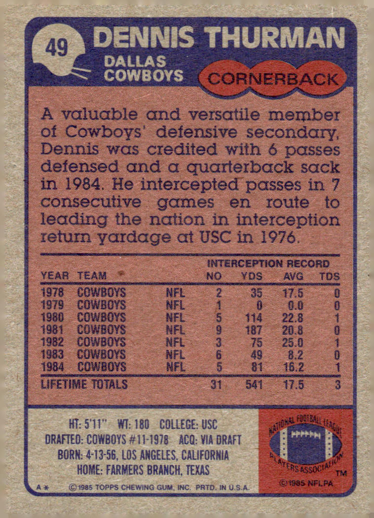 1985 Topps #49 Dennis Thurman