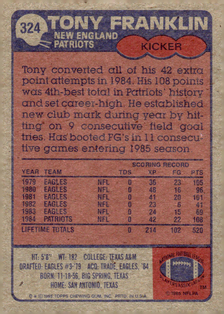 1985 Topps #324 Tony Franklin